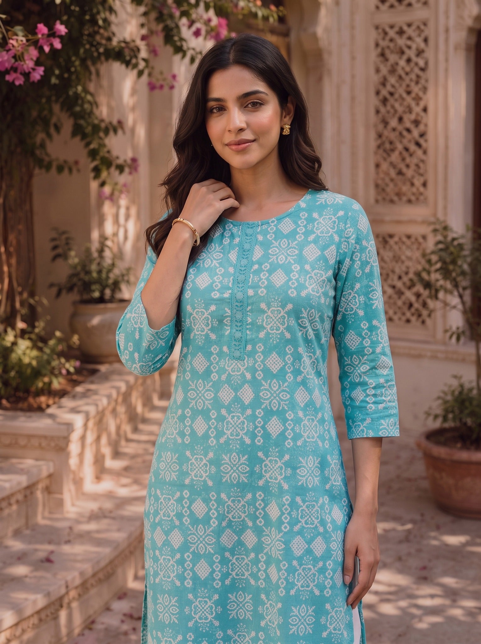 Cotton Embroidered Straight Knee Length Kurta