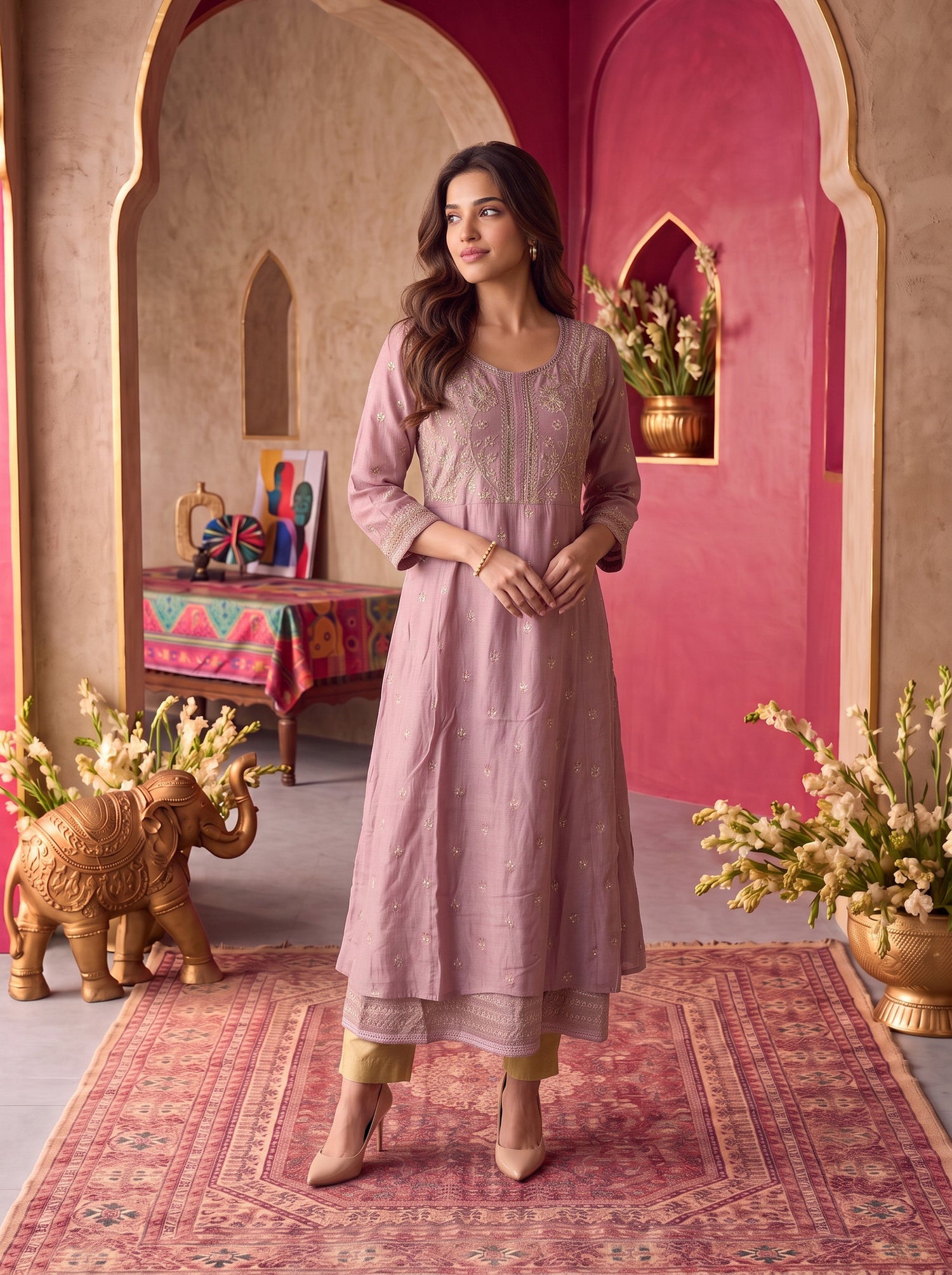 Buy Rayon Embroidered Straight Calf Length Kurta-Pink