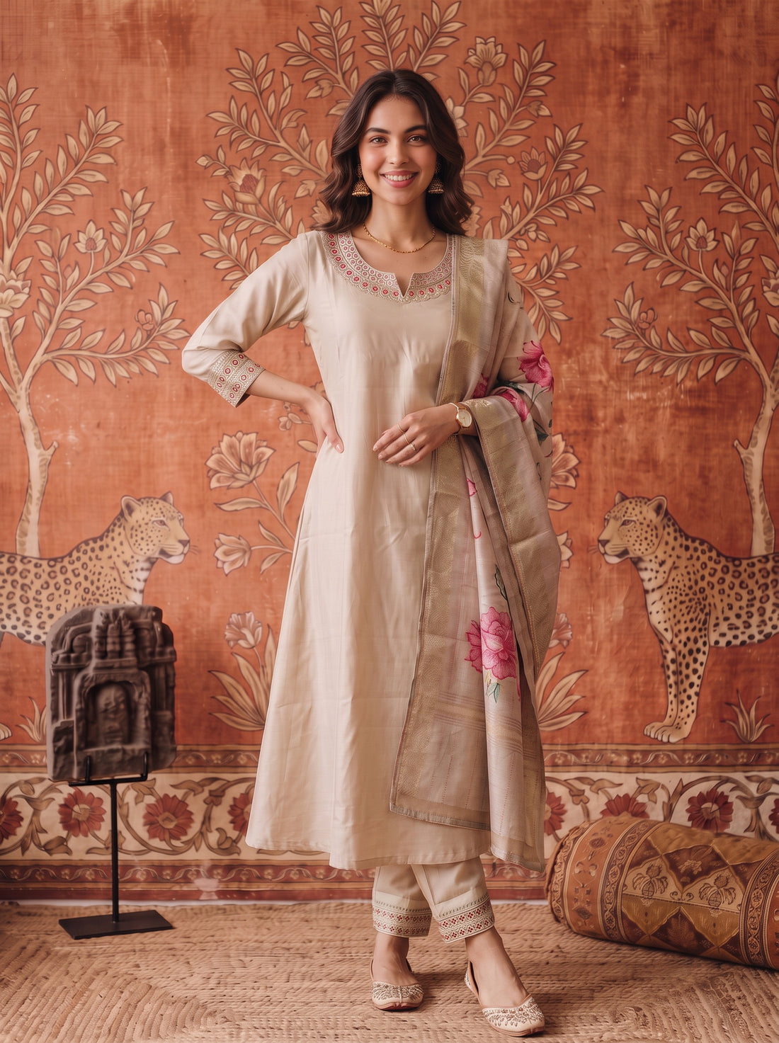 Buy Viscose Embroidered Flared Calf Length Kurta With Pant and Dupatta-Beige