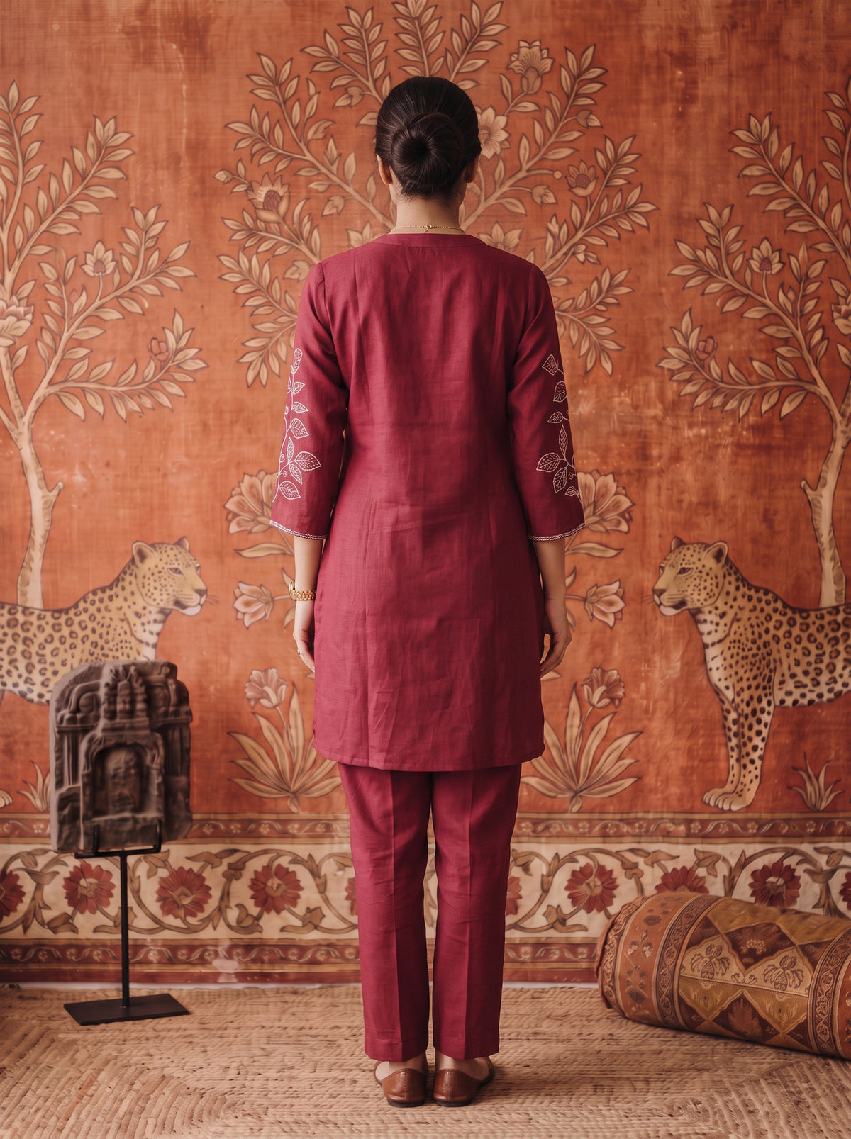 Buy Viscose Embroidered Straight Thigh Length Kurta With Pant-Coral
