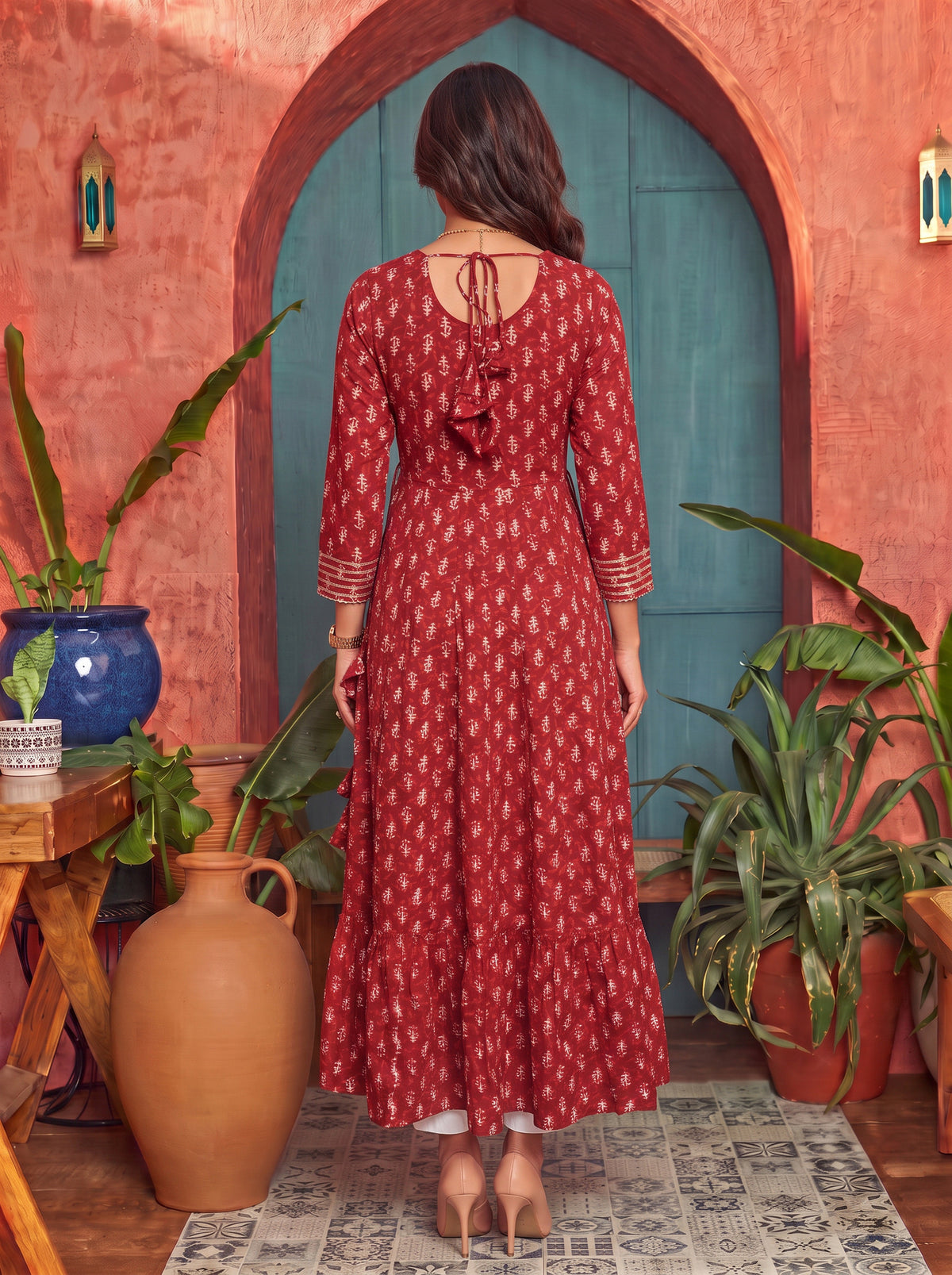 Cotton Embroidered Flared Calf Length Kurta