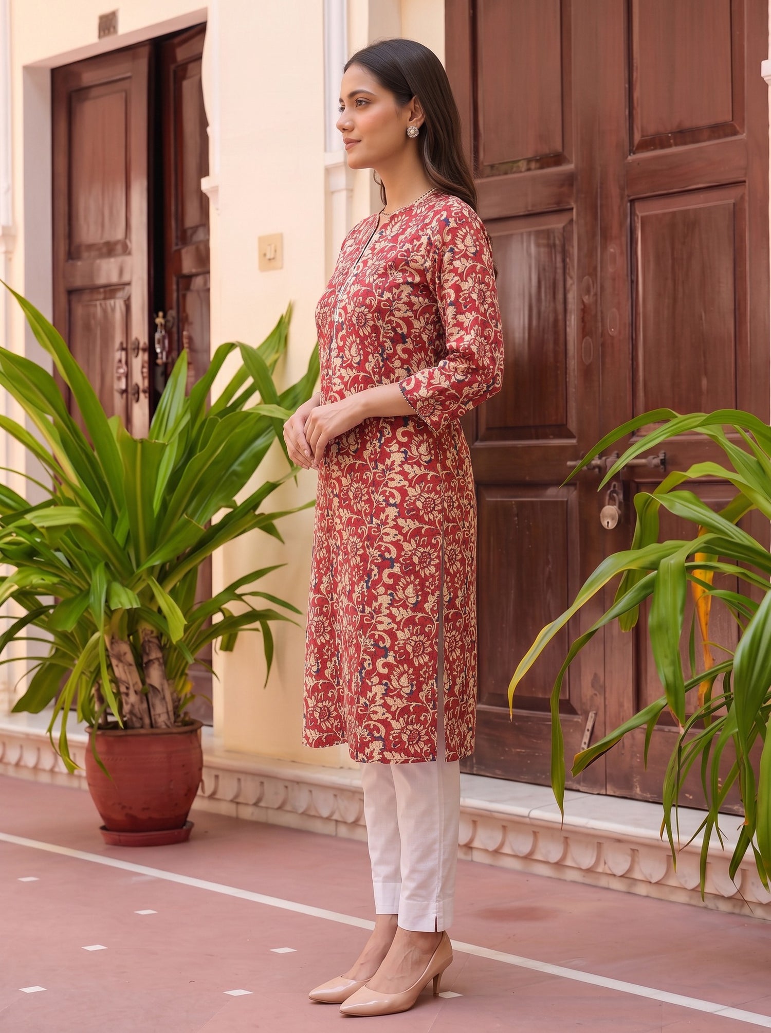 Buy Cotton Printed Straight Knee Length Kurta-Red