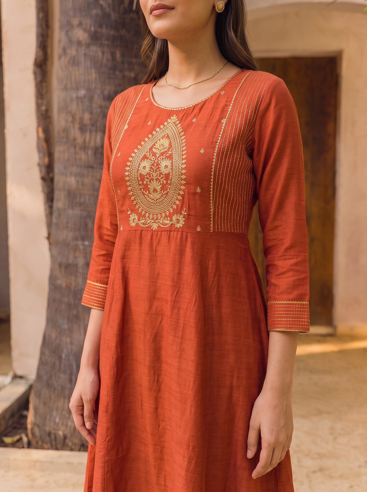 Buy Viscose Embroidered Straight Calf Length Kurta-Rust