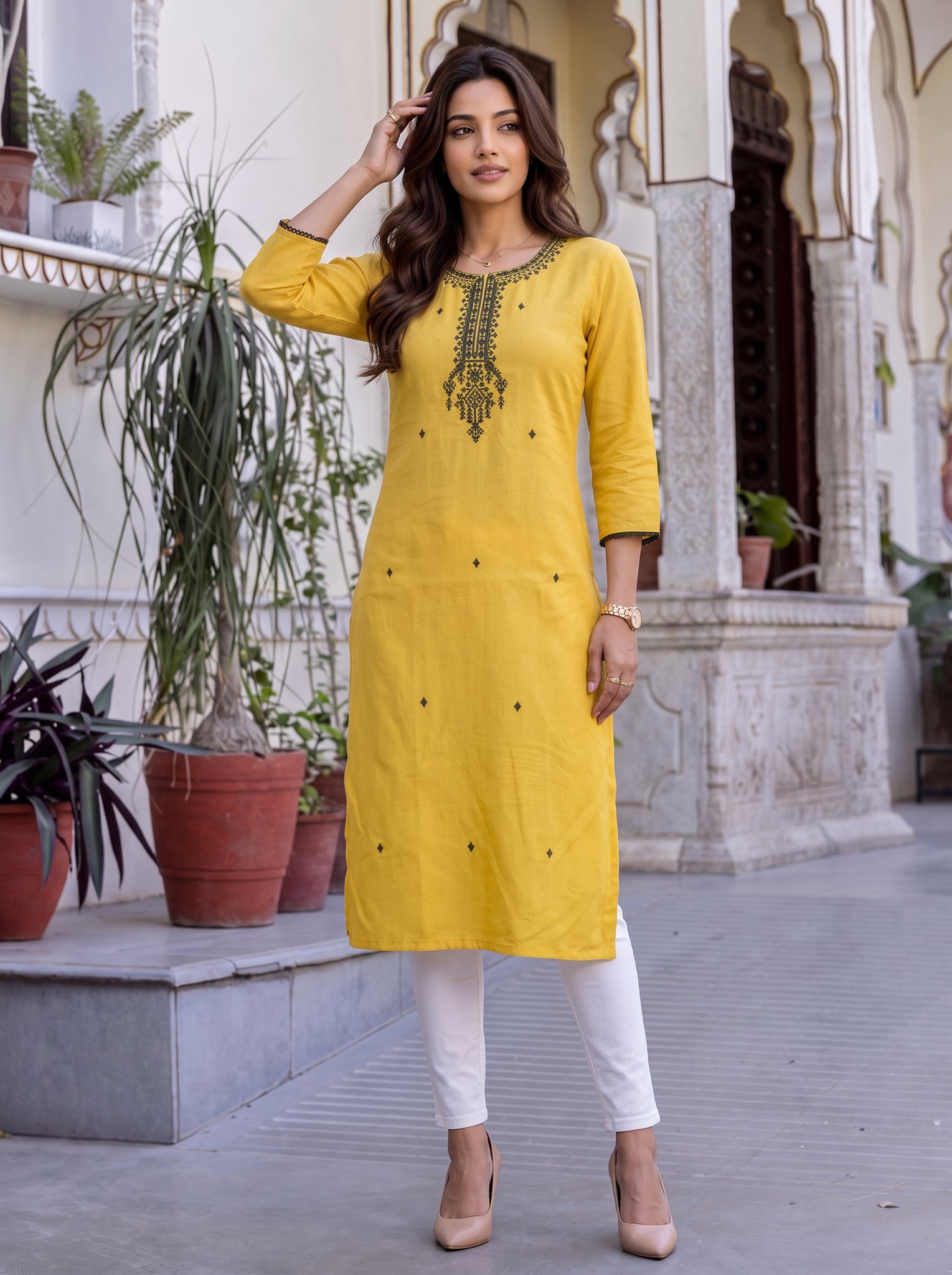Rayon Embroidered Straight Calf Length Kurta