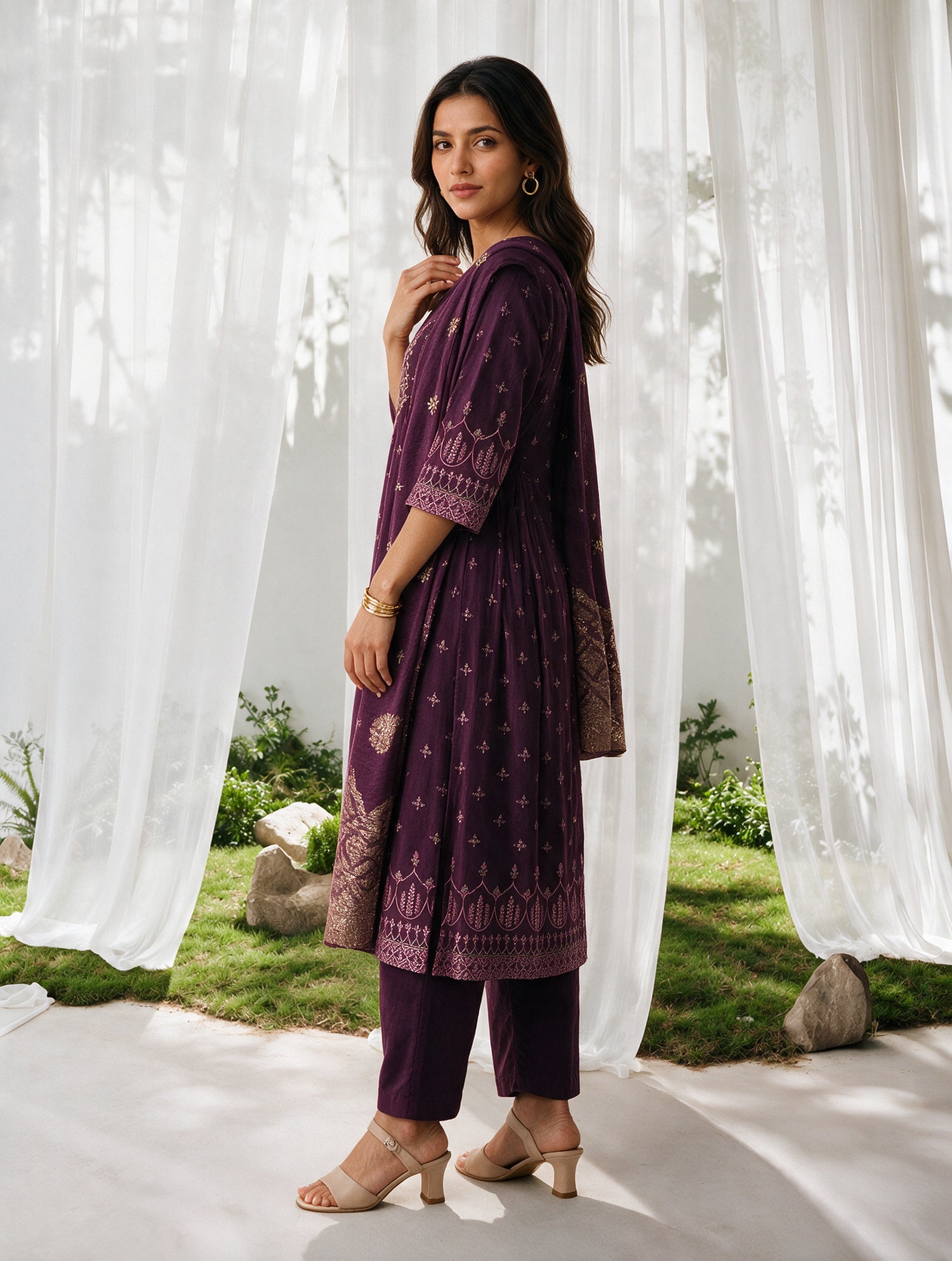 Buy Viscose Embroidered Flared Calf Length Kurta With Pant and Dupatta-Wine