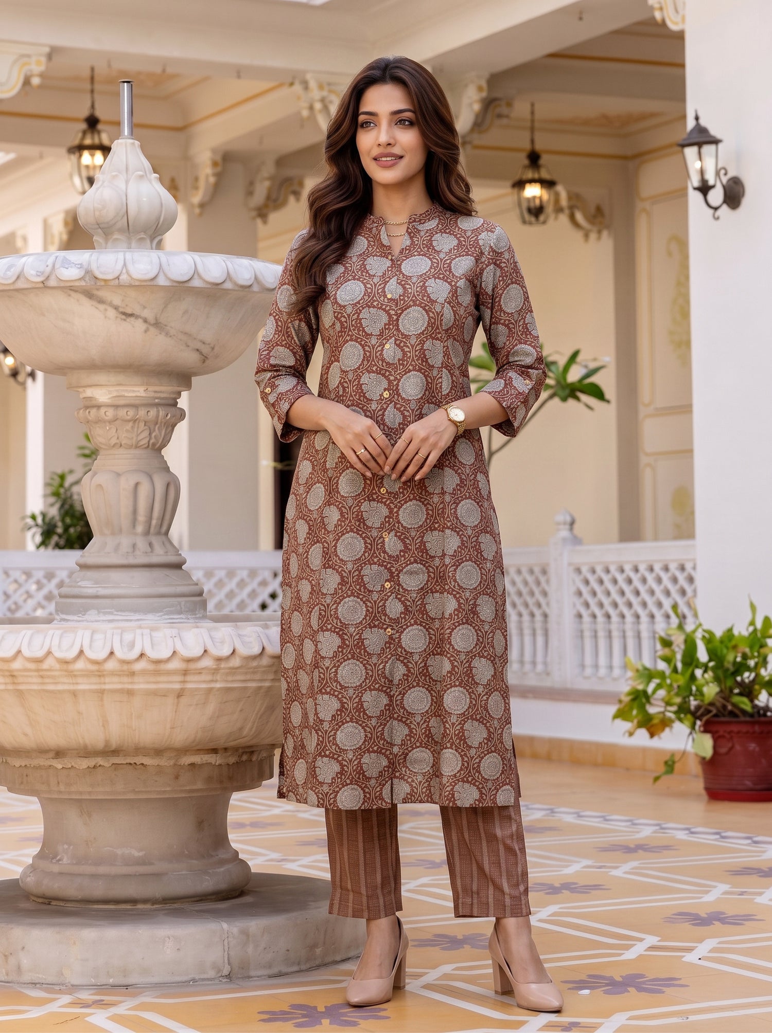 Buy Viscose Printed A-Line Calf Length Kurta With Pant-Brown
