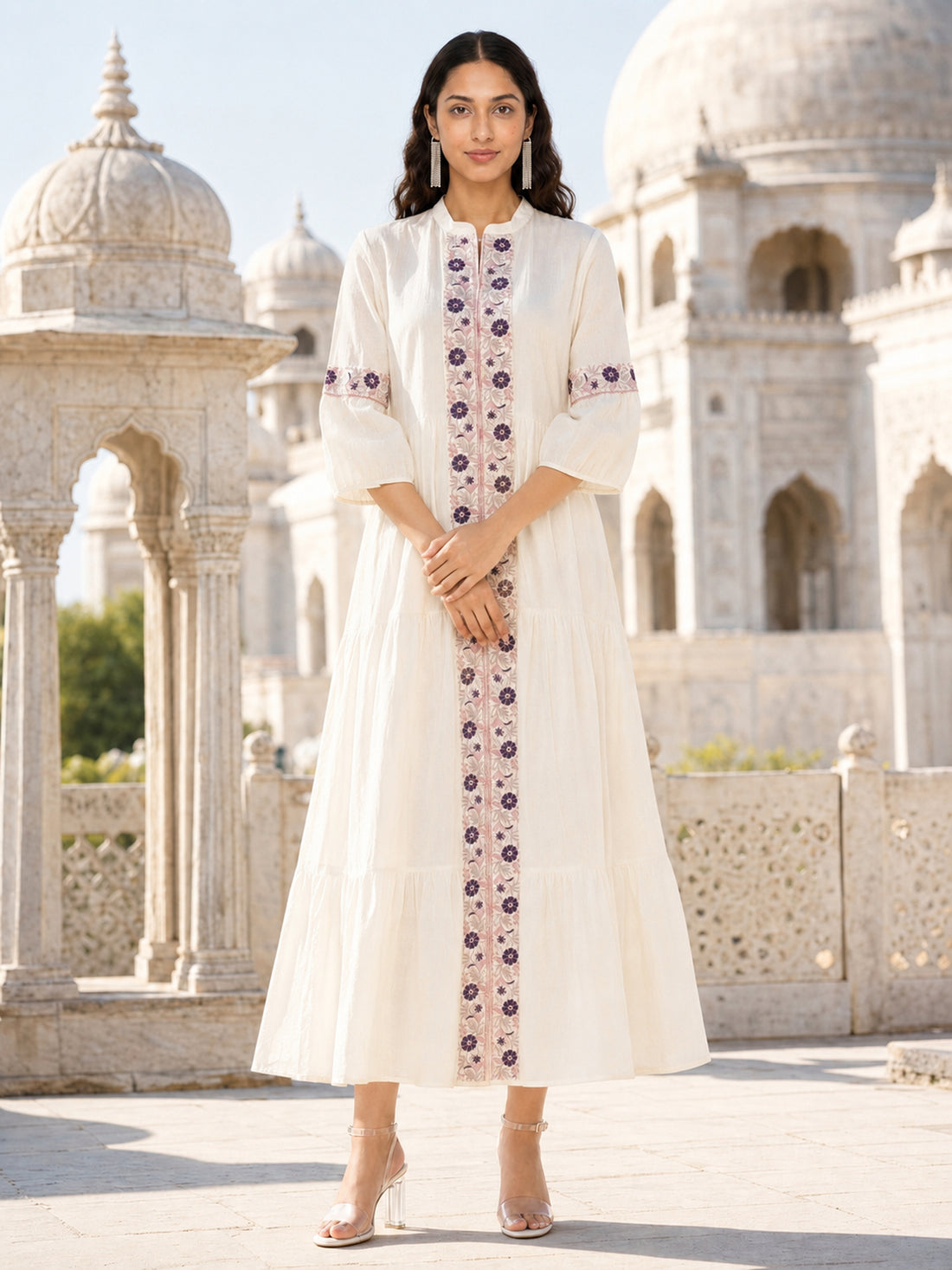 Buy Viscose Embroidered Flared Calf Length Dress-Cream
