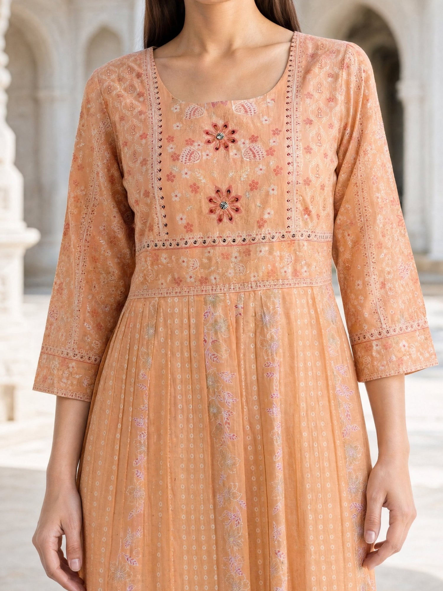 Buy Cotton Embroidered Flared Calf Length Kurta-Orange