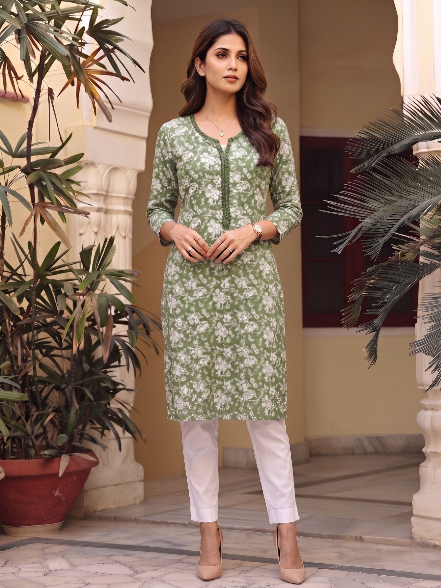 Buy Rayon Printed Straight Knee Length Kurta-Green