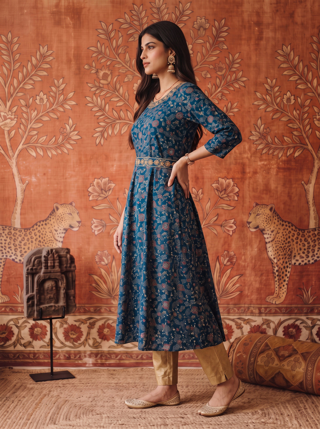 Buy Rayon Embroidered Flared Calf Length Kurta-Teal