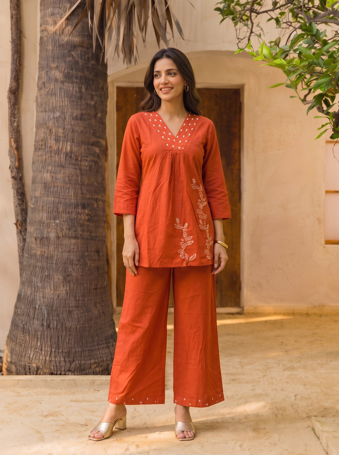 Buy Cotton Embroidered Straight Co-Ord Set-Rust