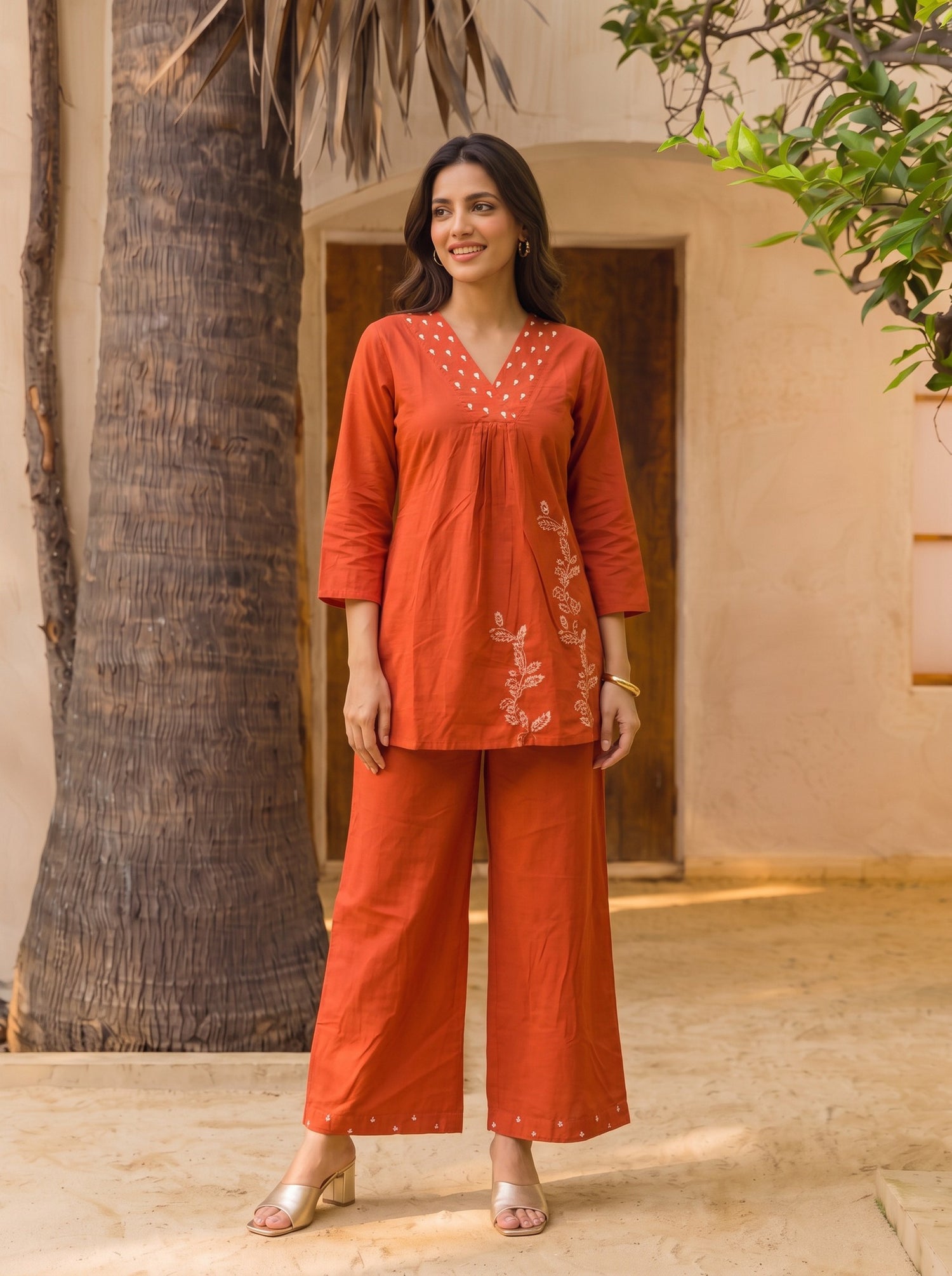 Buy Cotton Embroidered Straight Co-Ord Set-Rust