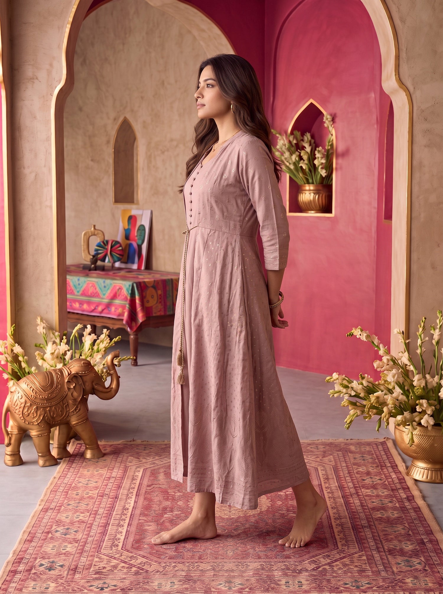 Buy Viscose Printed Flared Calf Length Kurta-Peach