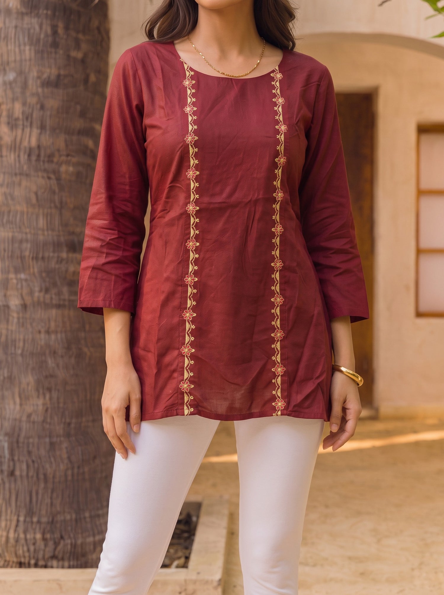 Buy Rayon Embroidered Straight Short Length Short Kurta-Maroon