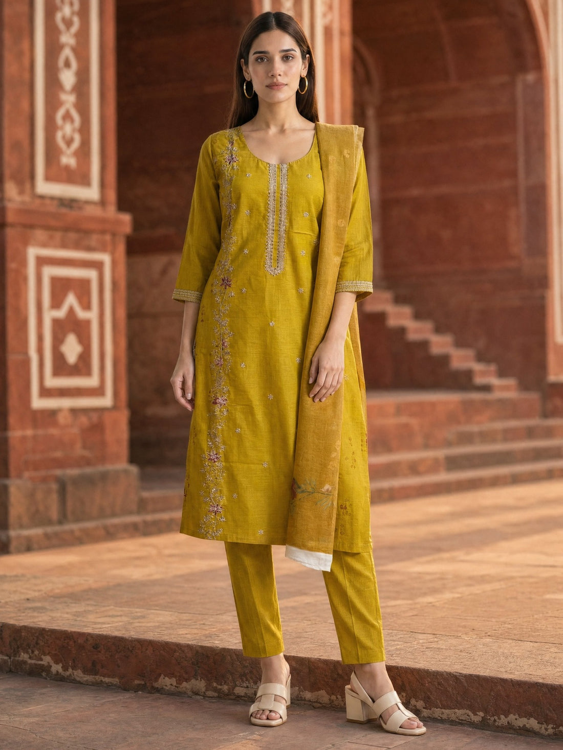 Buy Viscose Embroidered Straight Calf Length Kurta With Pant and Dupatta-Yellow