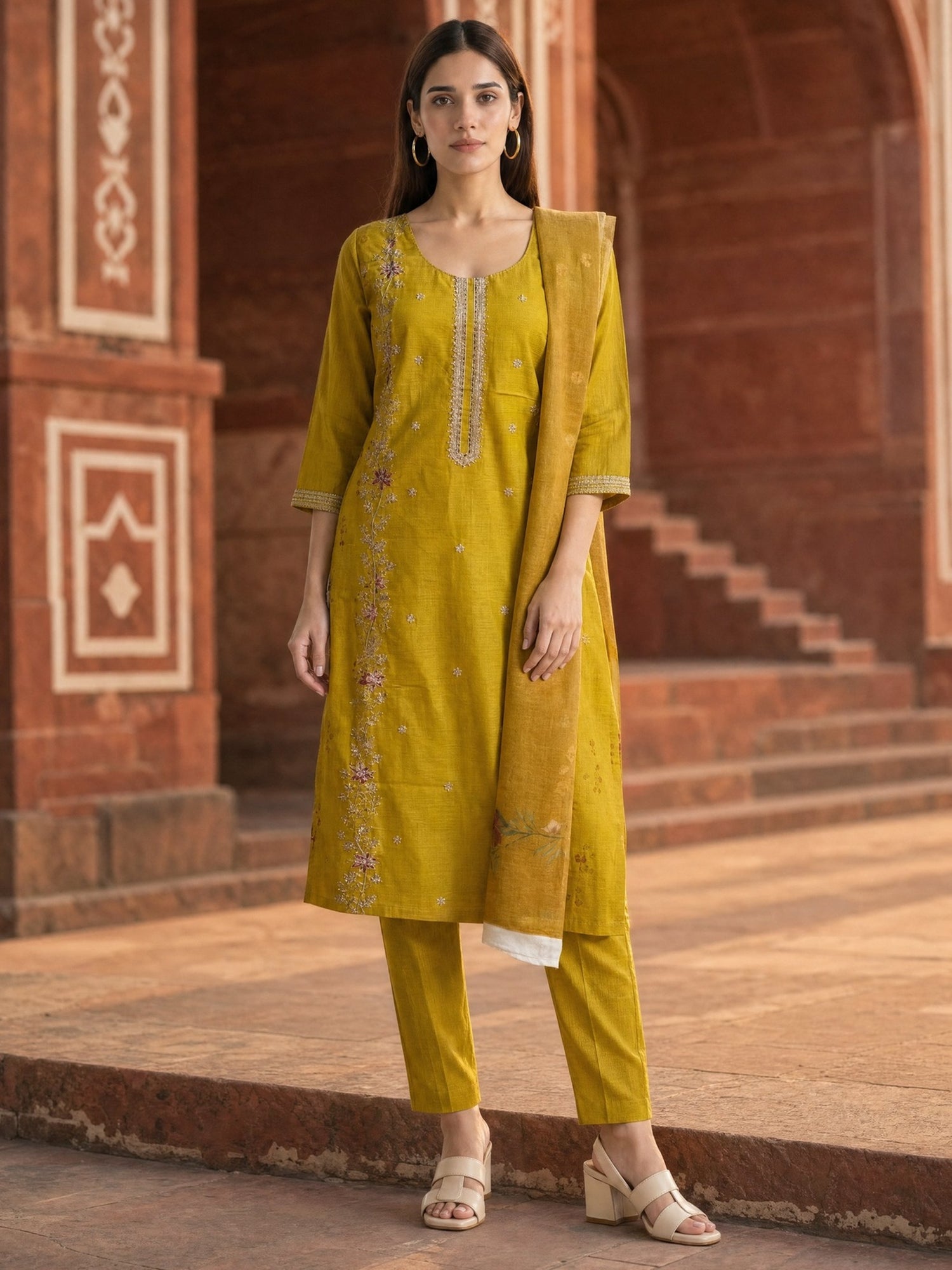 Buy Viscose Embroidered Straight Calf Length Kurta With Pant and Dupatta-Yellow