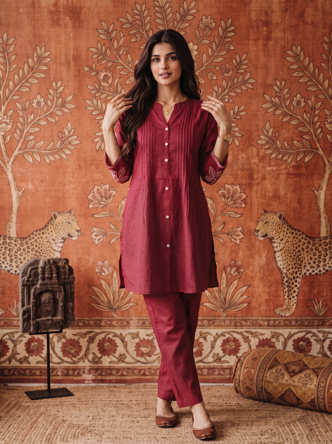 Buy Viscose Embroidered Straight Thigh Length Kurta With Pant-Coral