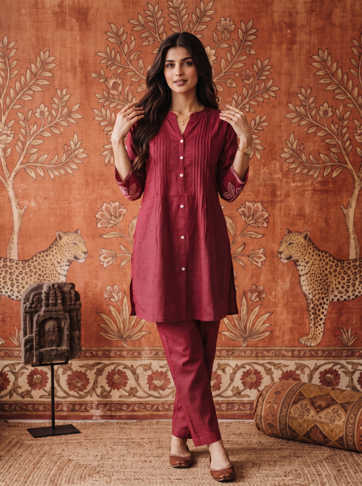 Buy Viscose Embroidered Straight Thigh Length Kurta With Pant-Coral