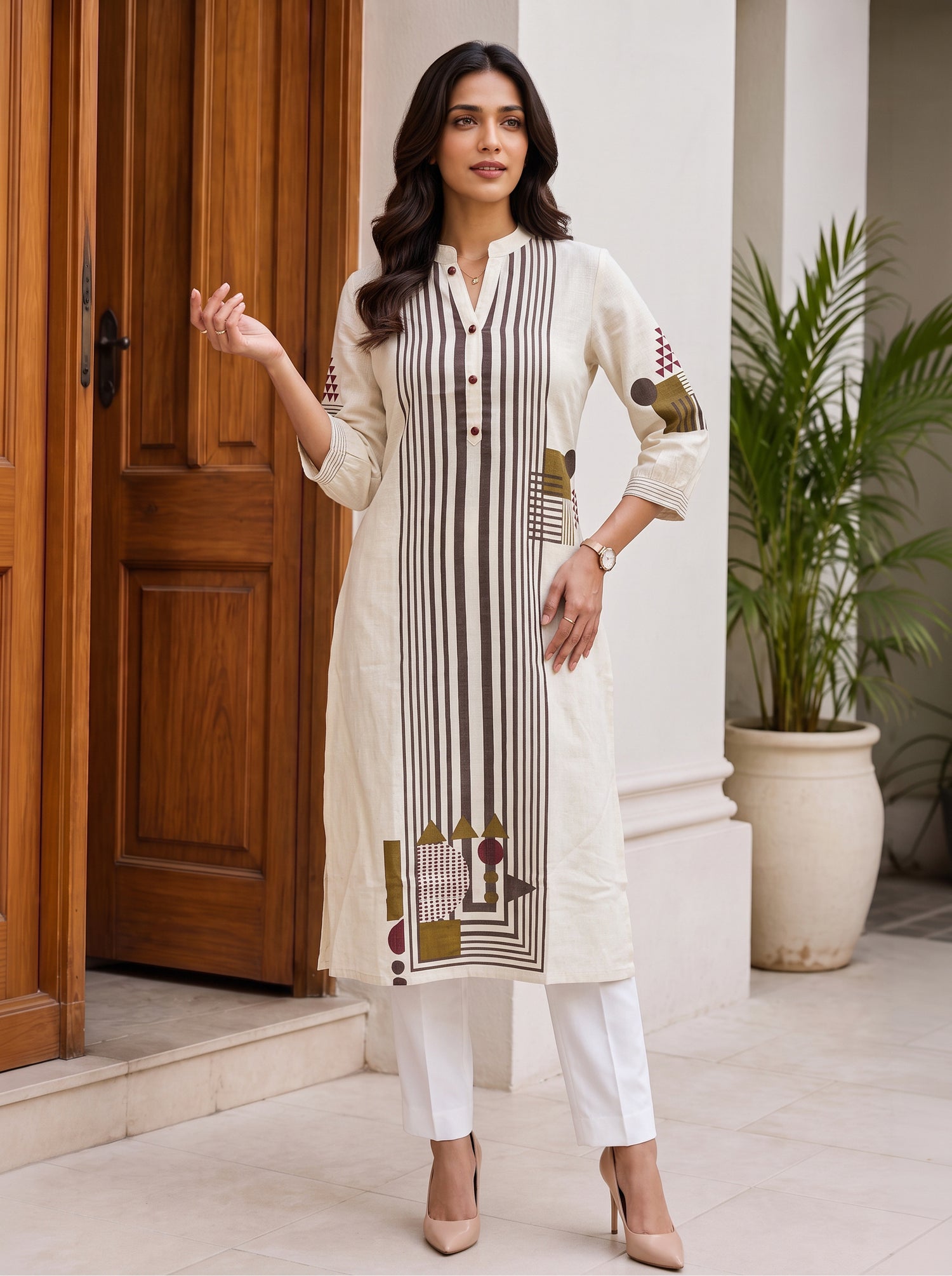 Buy Cotton Printed Straight Calf Length Kurta-Brown