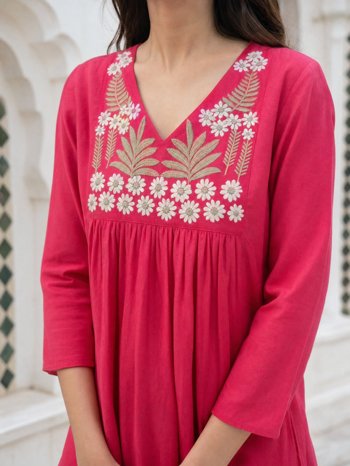 Buy Cotton Embroidered Straight Short Length Short Kurta-Coral