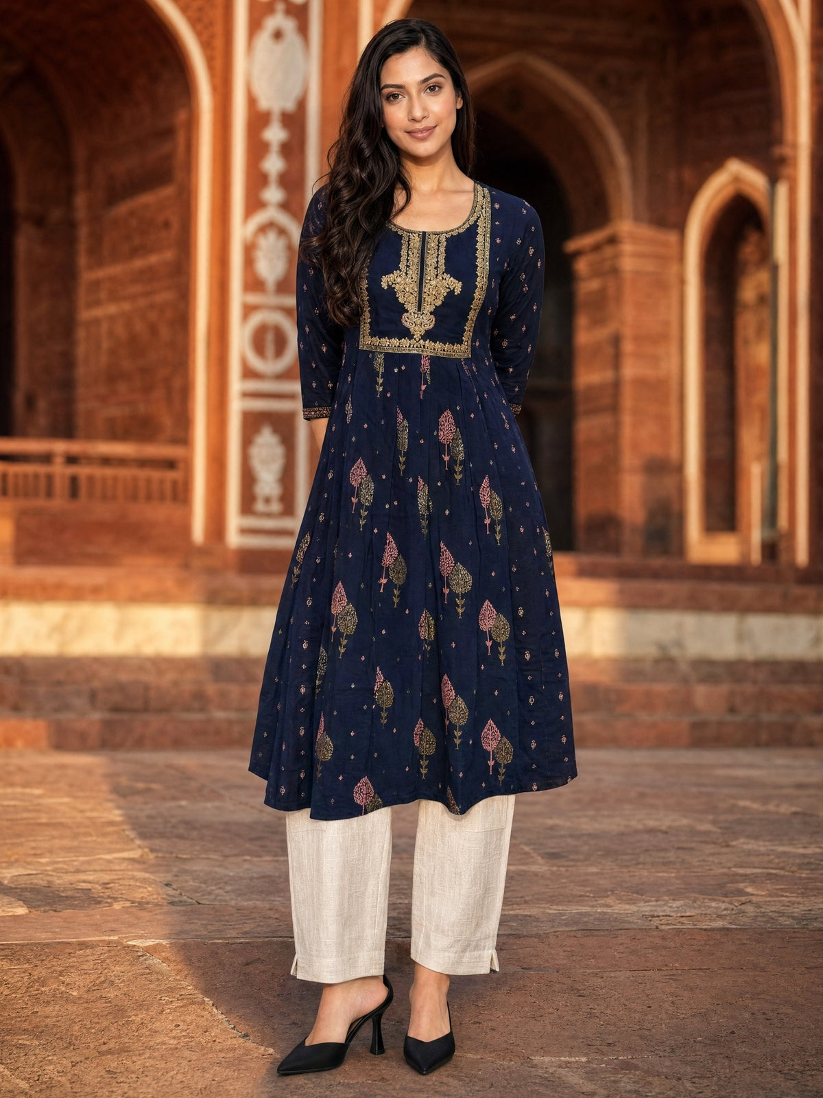 Buy Viscose Embroidered Anarkali Calf Length Kurta-Navy Blue