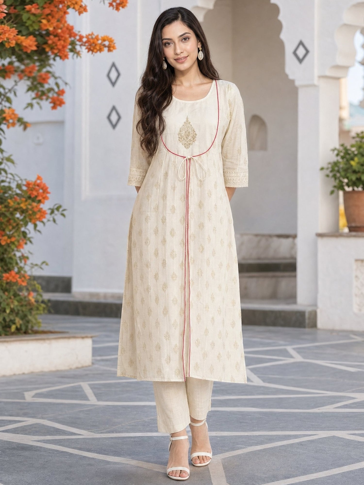 Buy Chanderi Embroidered Flared Calf Length Kurta-Off White