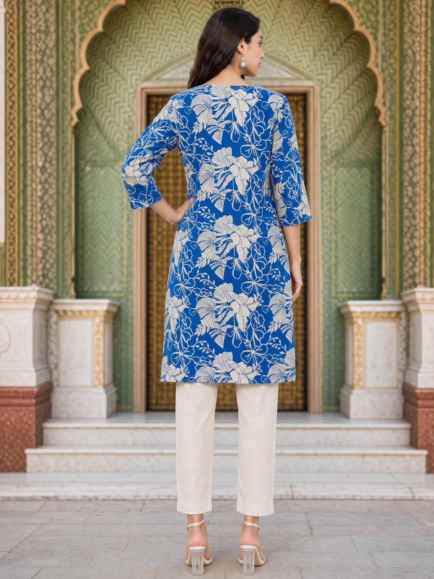 Buy Rayon Printed Straight Knee Length Kurta-Blue