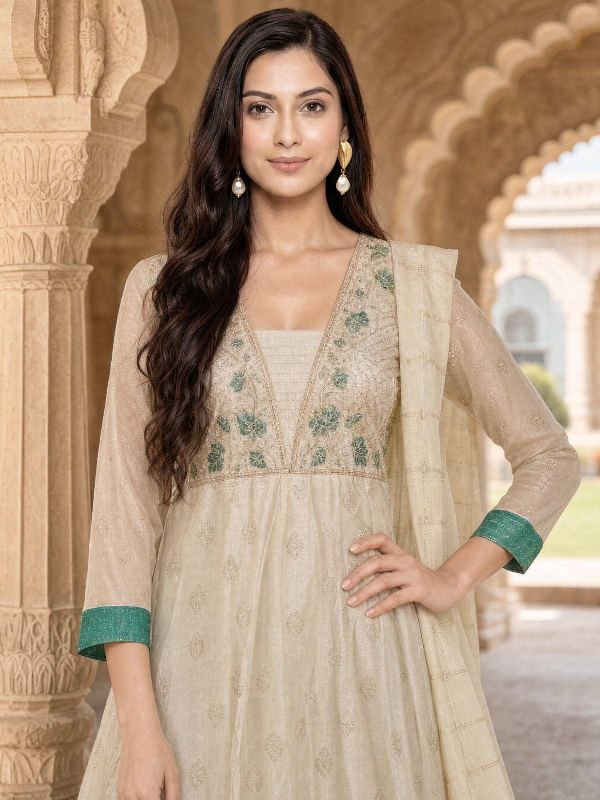 Buy Viscose Embroidered Anarkali Calf Length Kurta With Pant and Dupatta-Off White