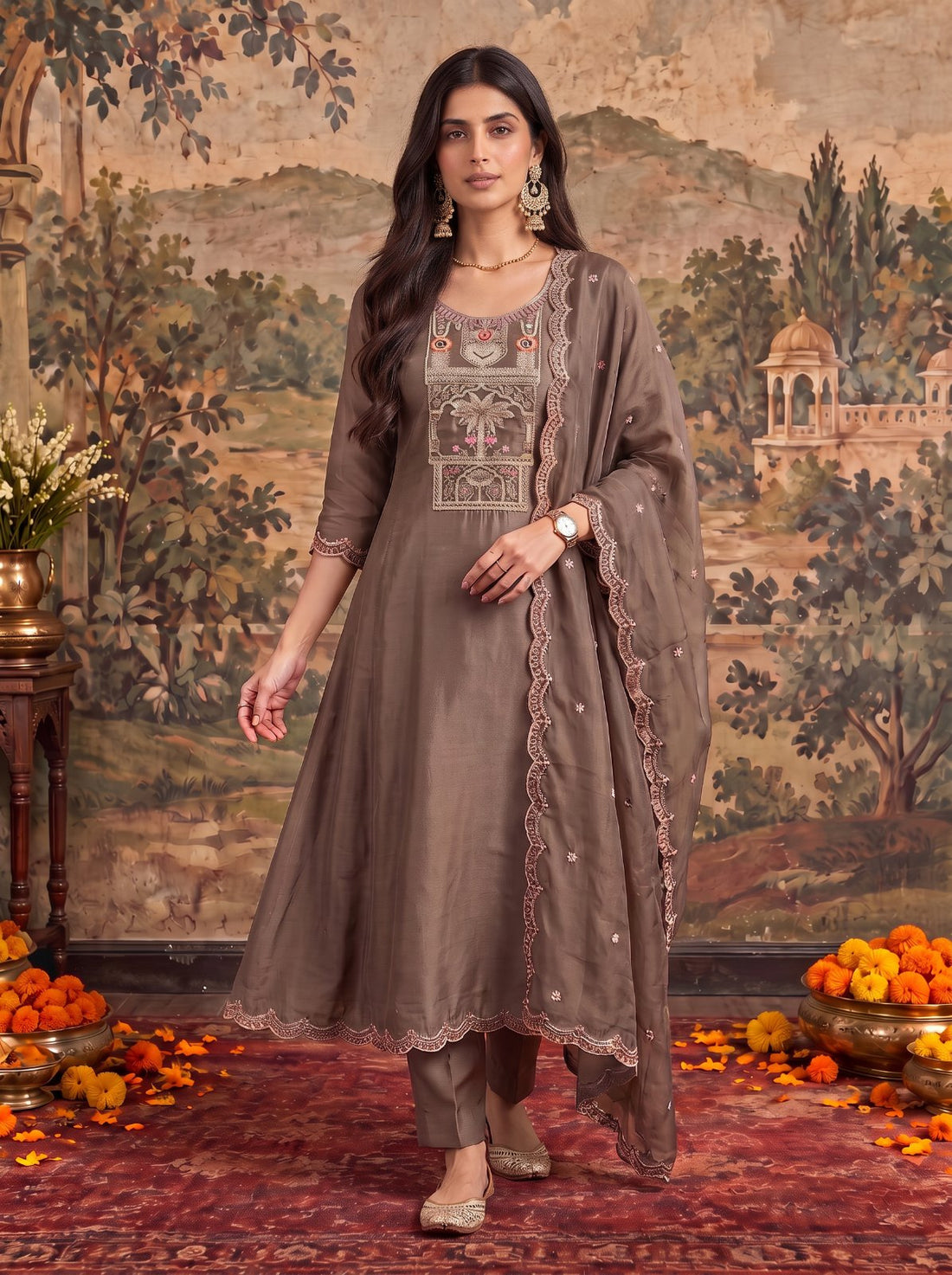 Buy Chanderi Embroidered Flared Calf Length Kurta With Pant and Dupatta-Grey
