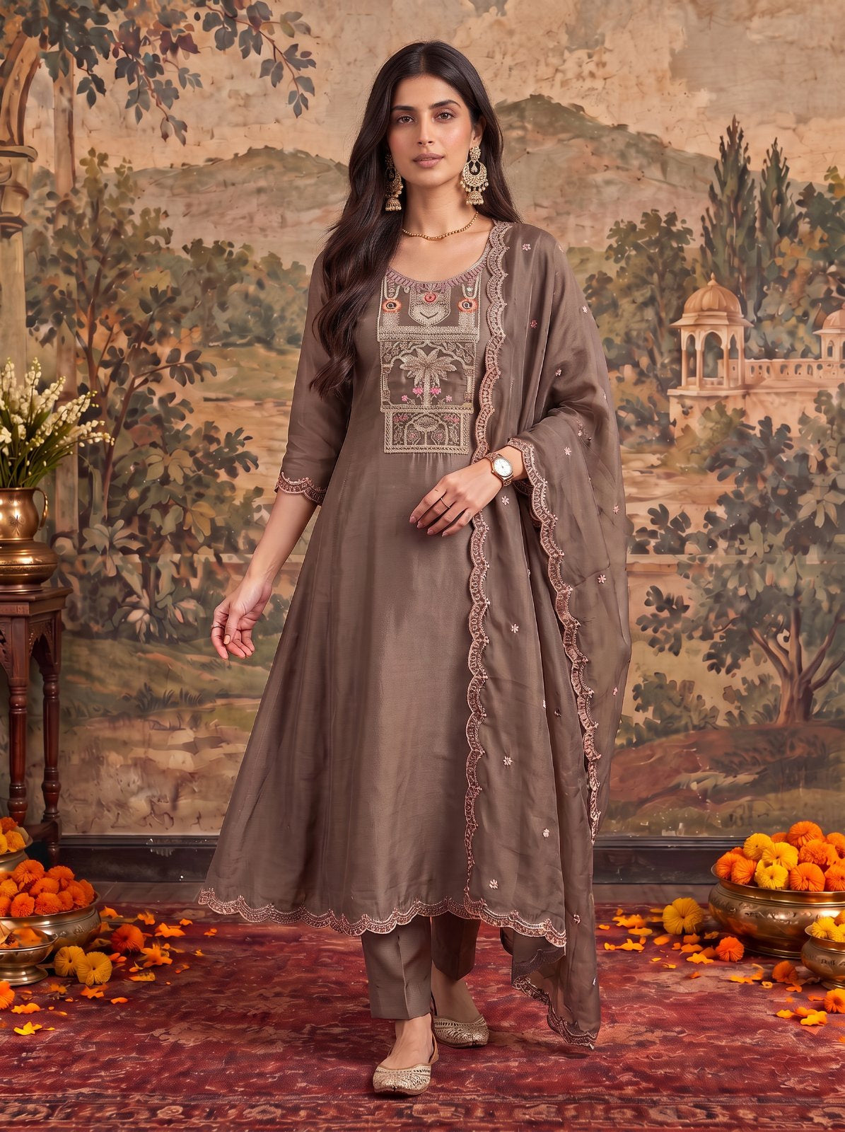 Buy Chanderi Embroidered Flared Calf Length Kurta With Pant and Dupatta-Grey