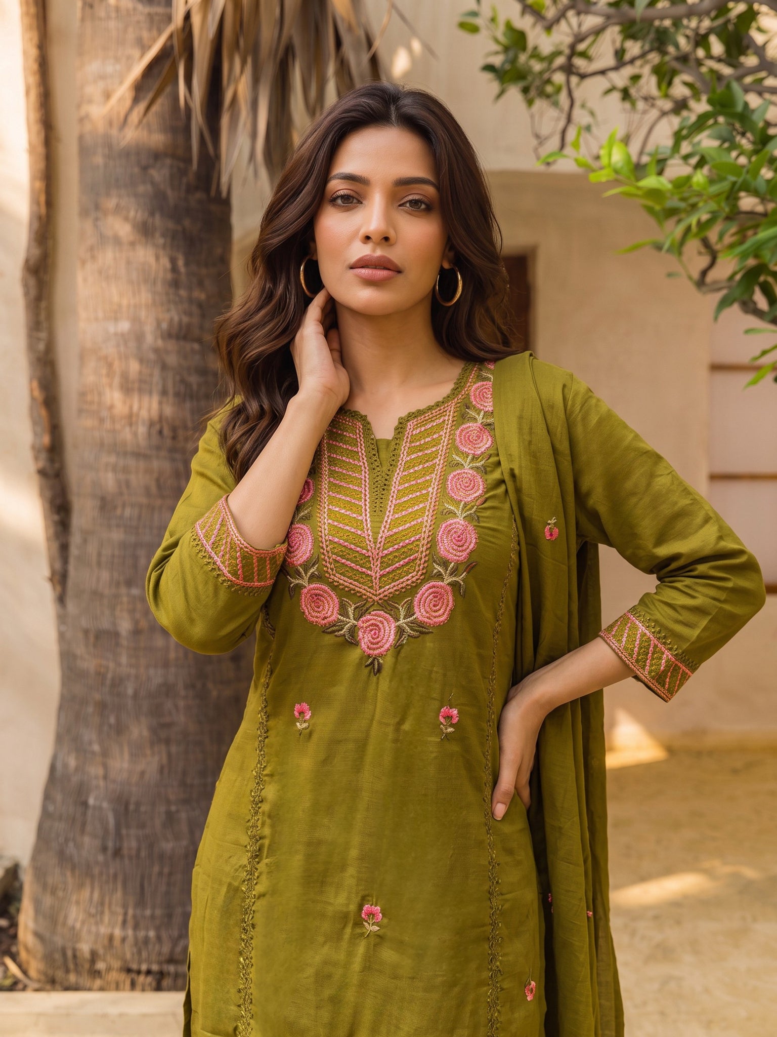 Cotton Embroidered A-Line Calf Length Kurta With Pant