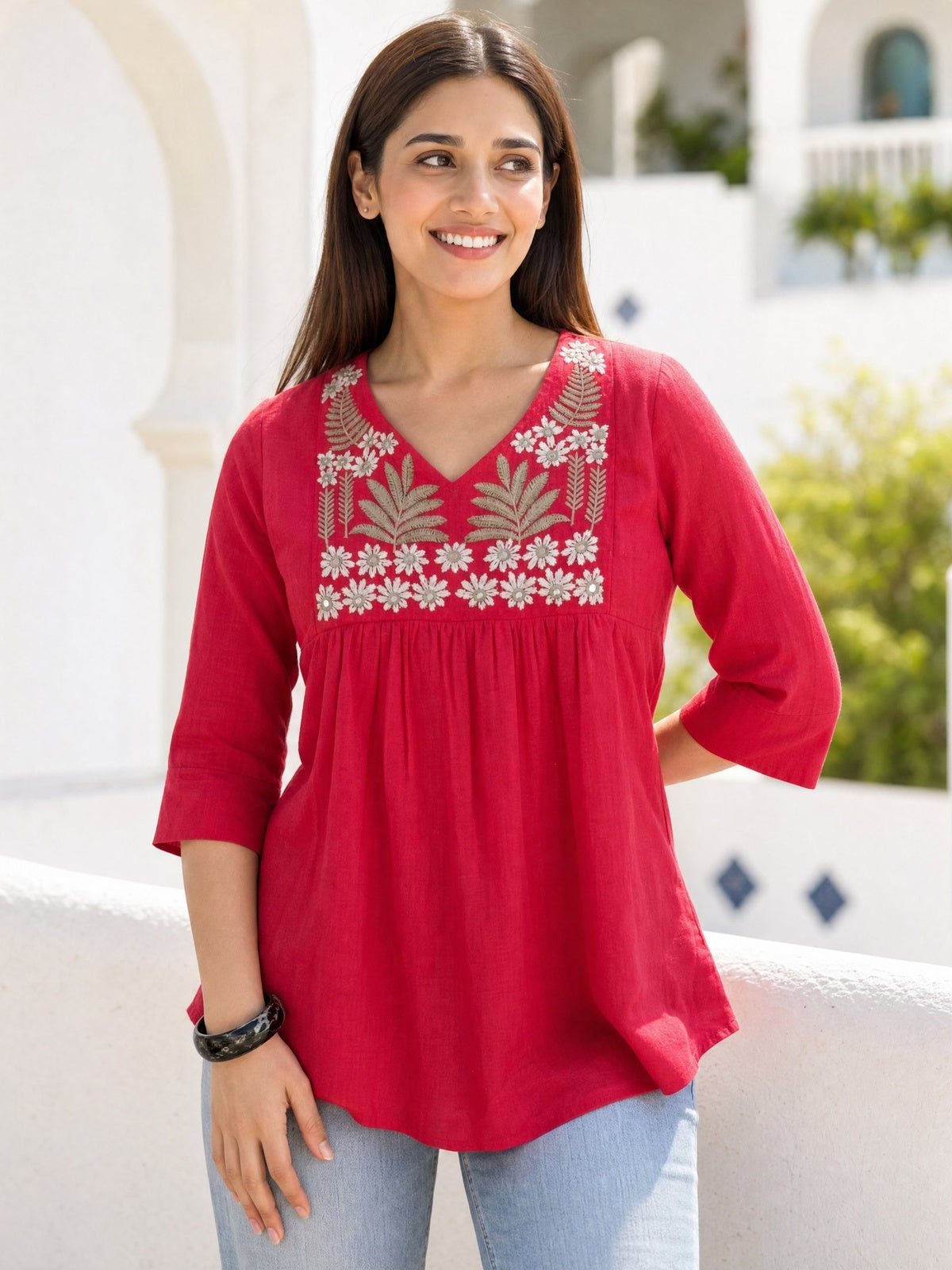 Buy Cotton Embroidered Straight Short Length Short Kurta-Coral