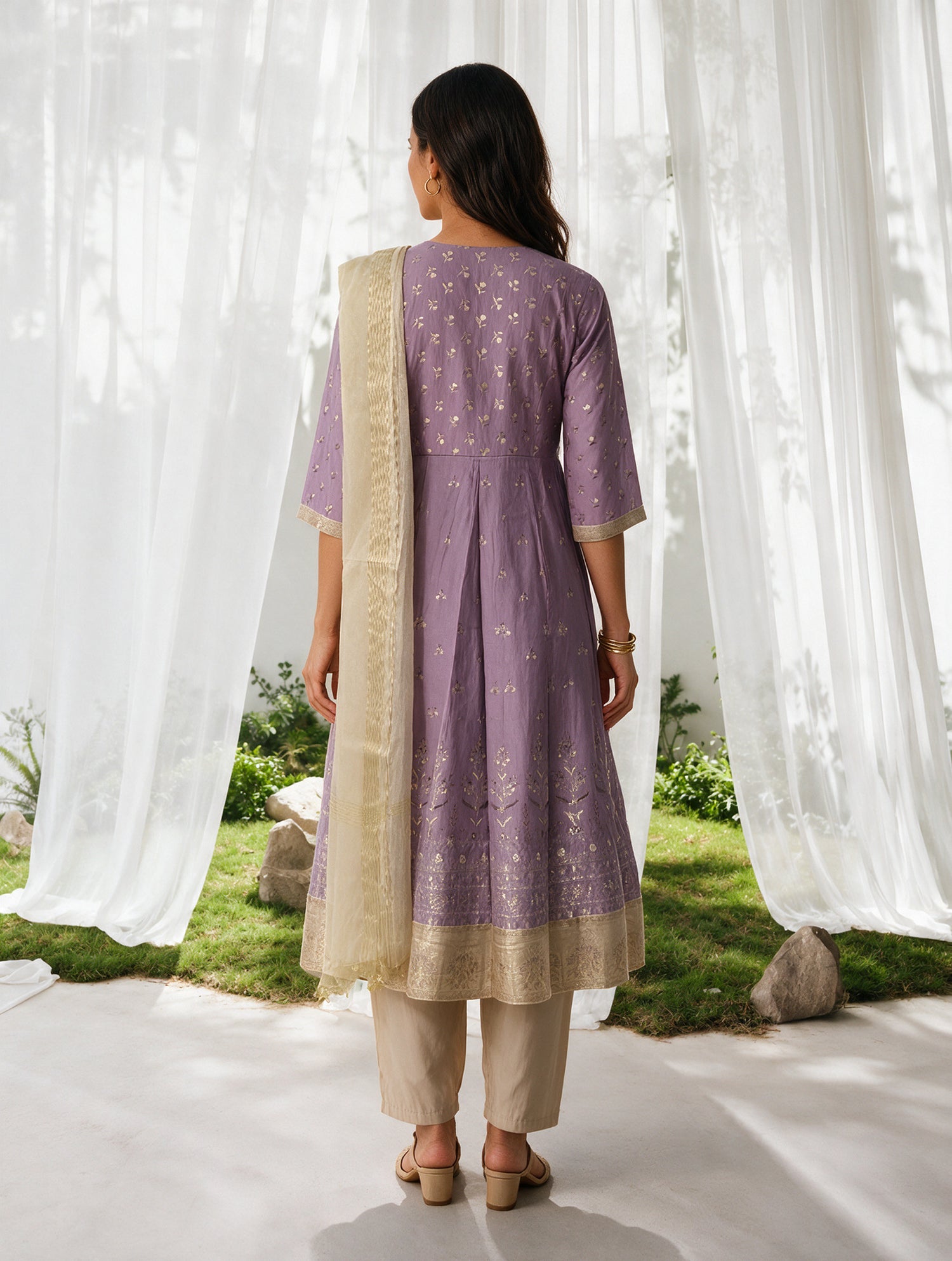 Buy Viscose Embroidered Flared Calf Length Kurta With Pant and Dupatta-Mauve