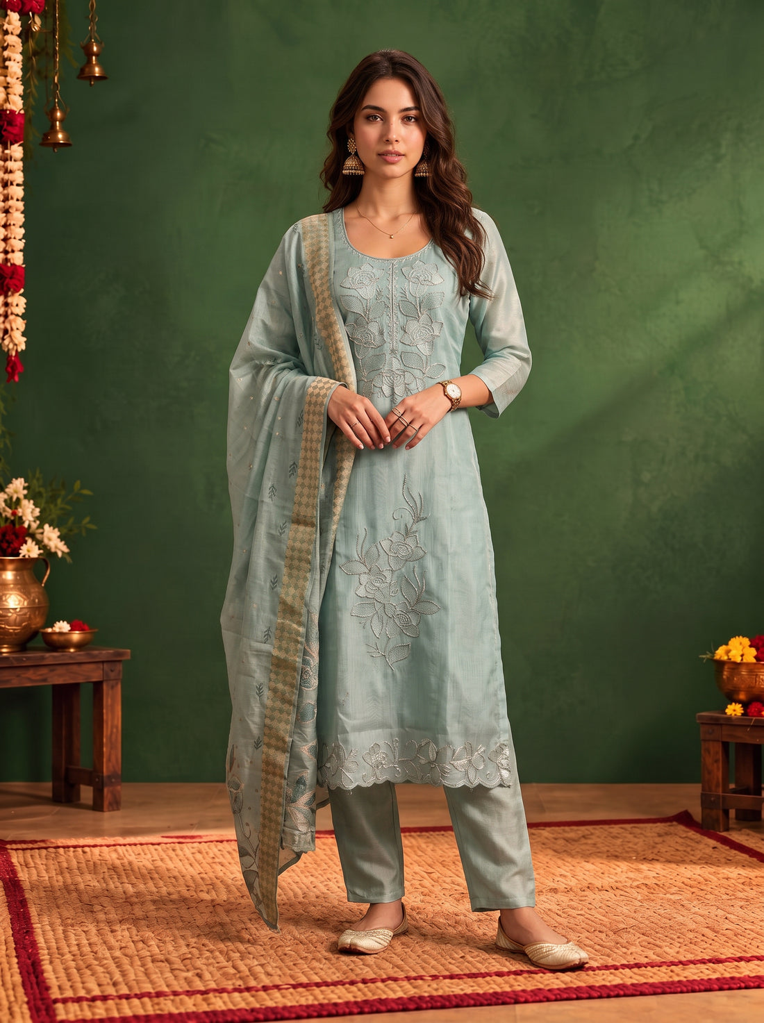 Buy Viscose Embroidered Straight Calf Length Kurta With Pant and Dupatta-Sea Green