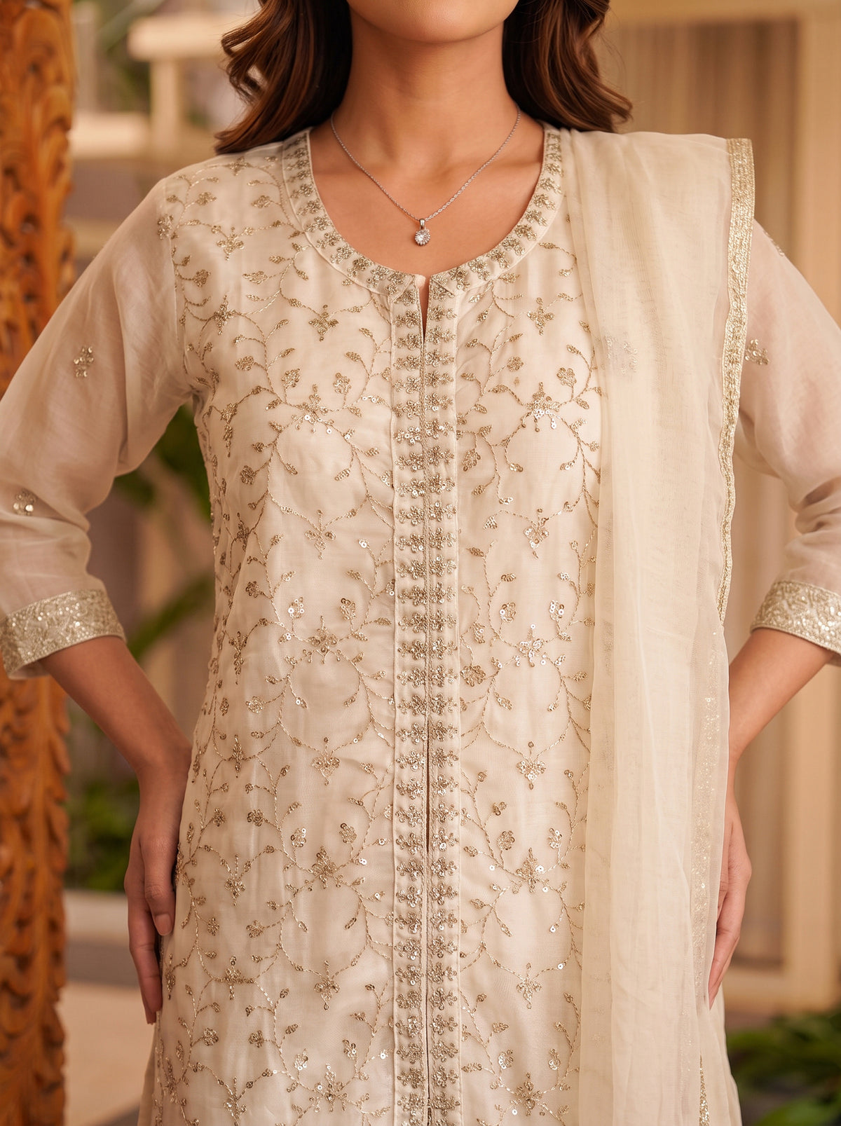 Buy Rayon Embroidered Flared Calf Length Kurta With Pant and Dupatta-Off White