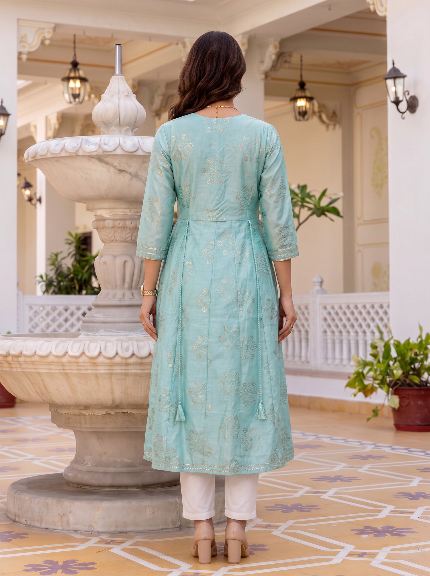 Buy Viscose Embroidered Anarkali Calf Length Kurta-Turquoise