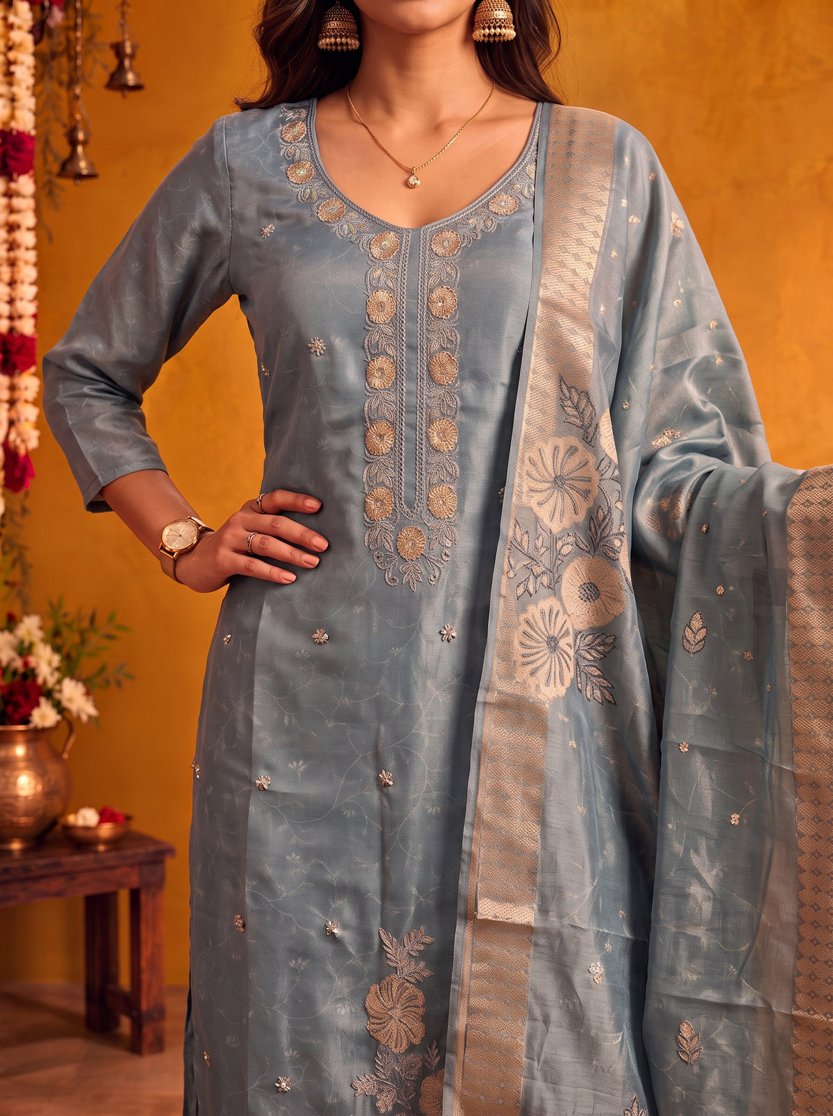 Buy Viscose Embroidered Straight Calf Length Kurta With Pant and Dupatta-Sea Green