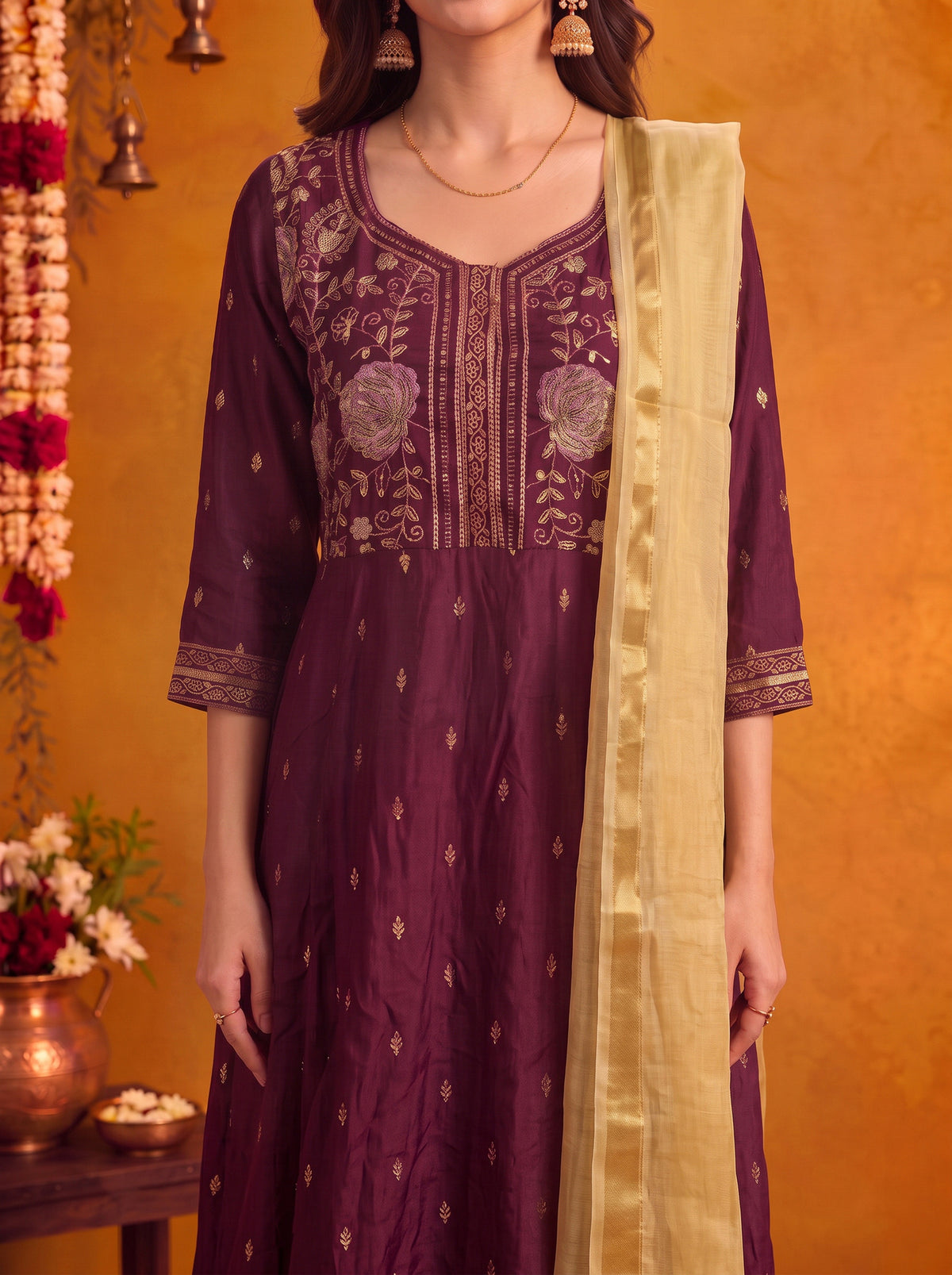 Viscose Embroidered Flared Calf Length Kurta With Pant and Dupatta