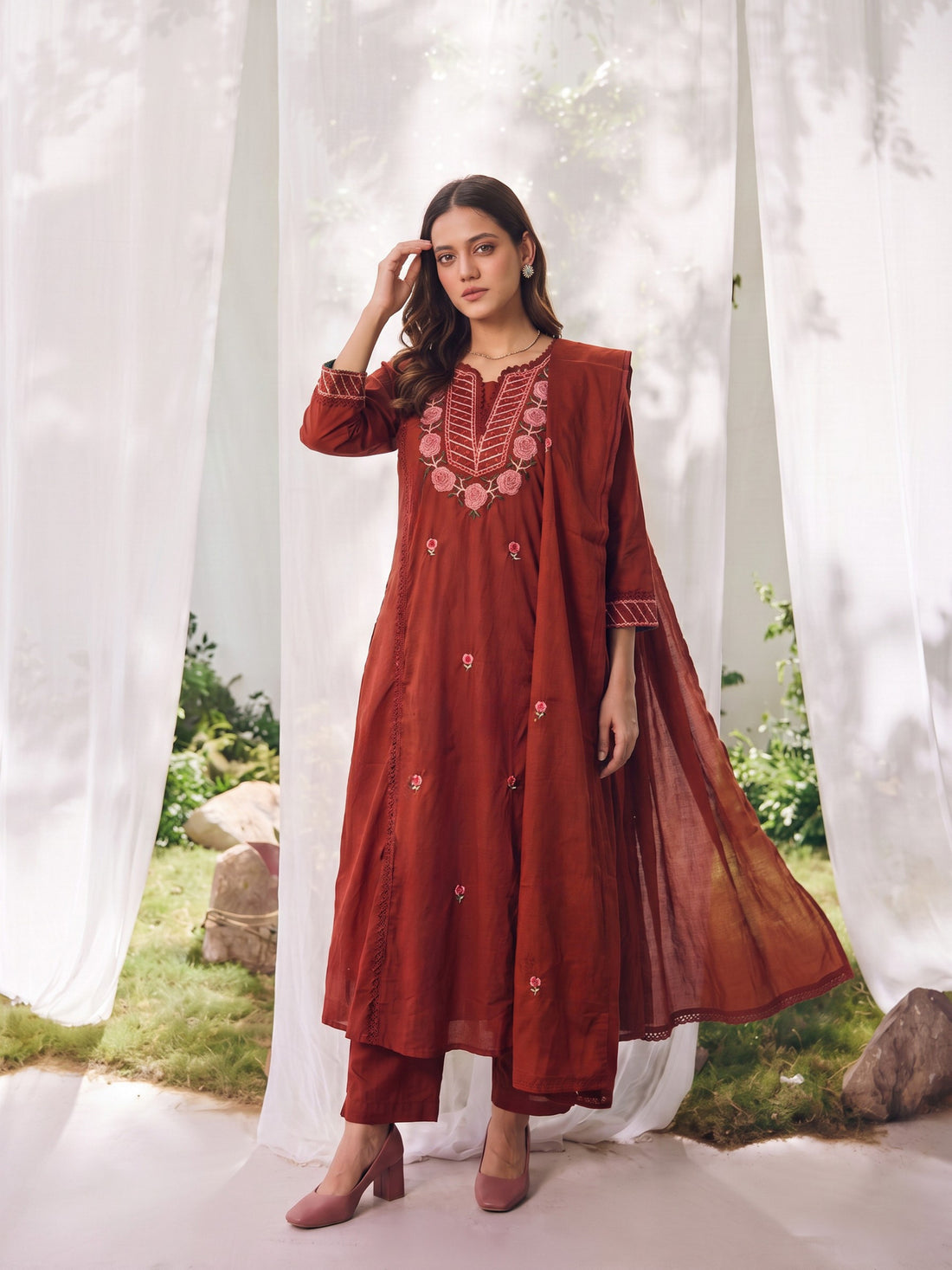 Buy Cotton Embroidered A-Line Calf Length Kurta With Pant-Rust