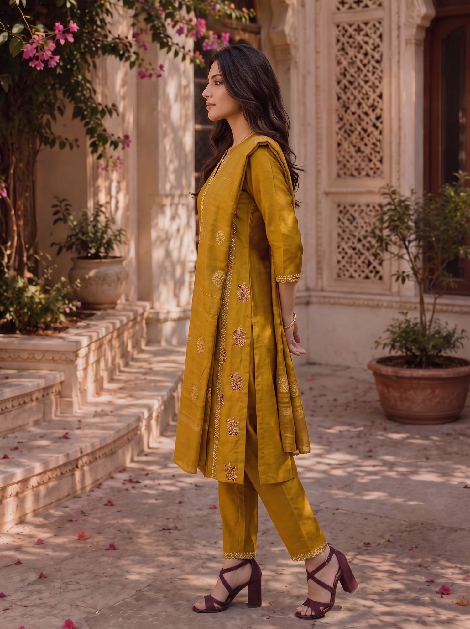 Buy Viscose Embroidered Straight Calf Length Kurta With Pant-Mustard