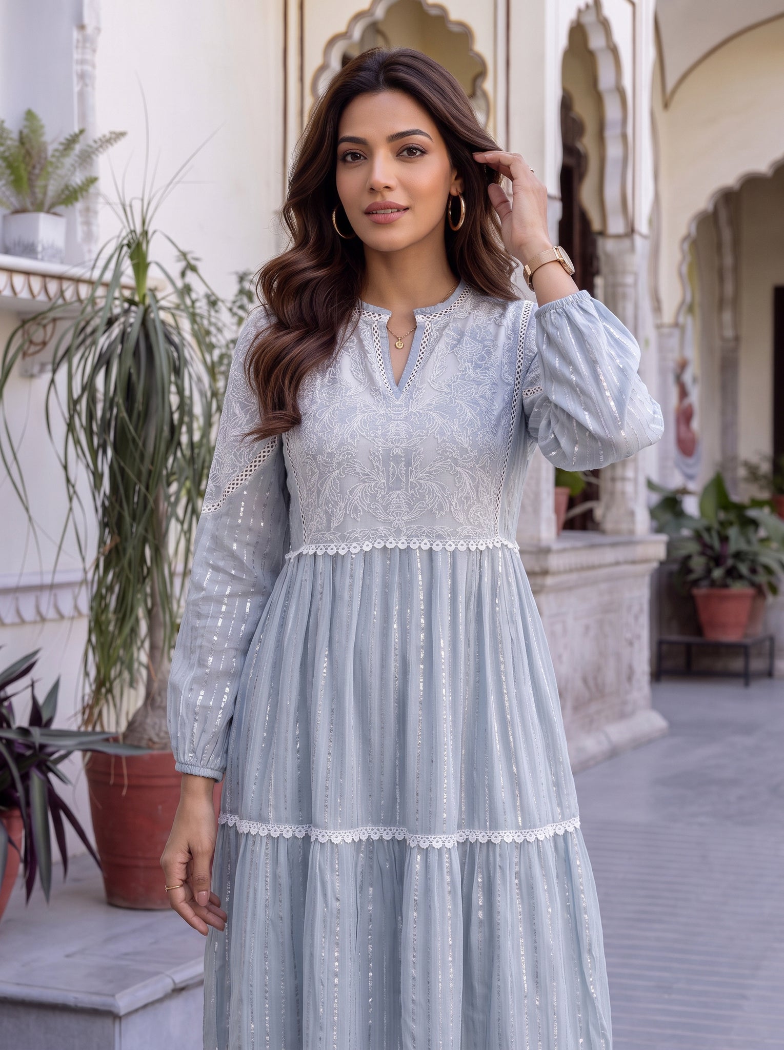 Chanderi Embroidered Flared Calf Length Dress