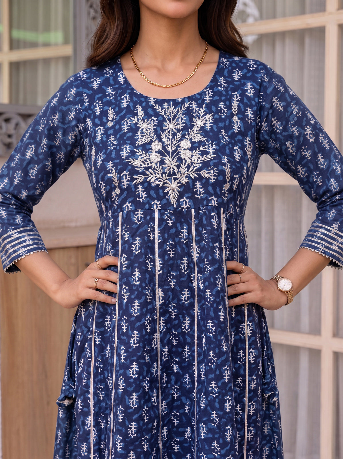 Buy Cotton Embroidered Flared Calf Length Kurta-Blue