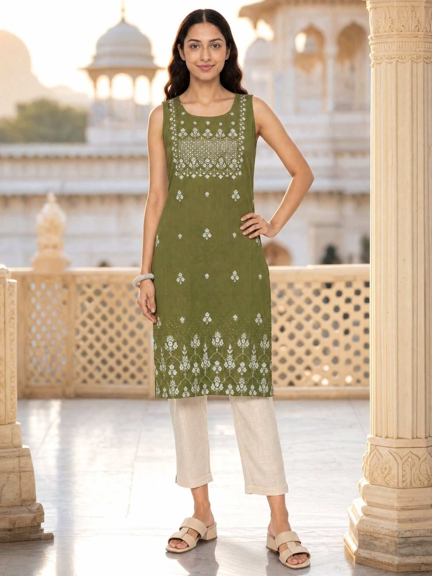 Buy Rayon Printed Straight Knee Length Kurta-Green