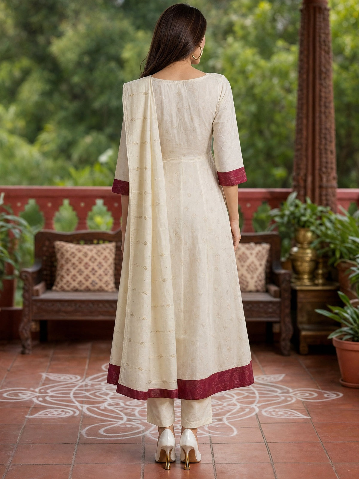 Buy Viscose Embroidered Anarkali Calf Length Kurta With Pant and Dupatta-Cream
