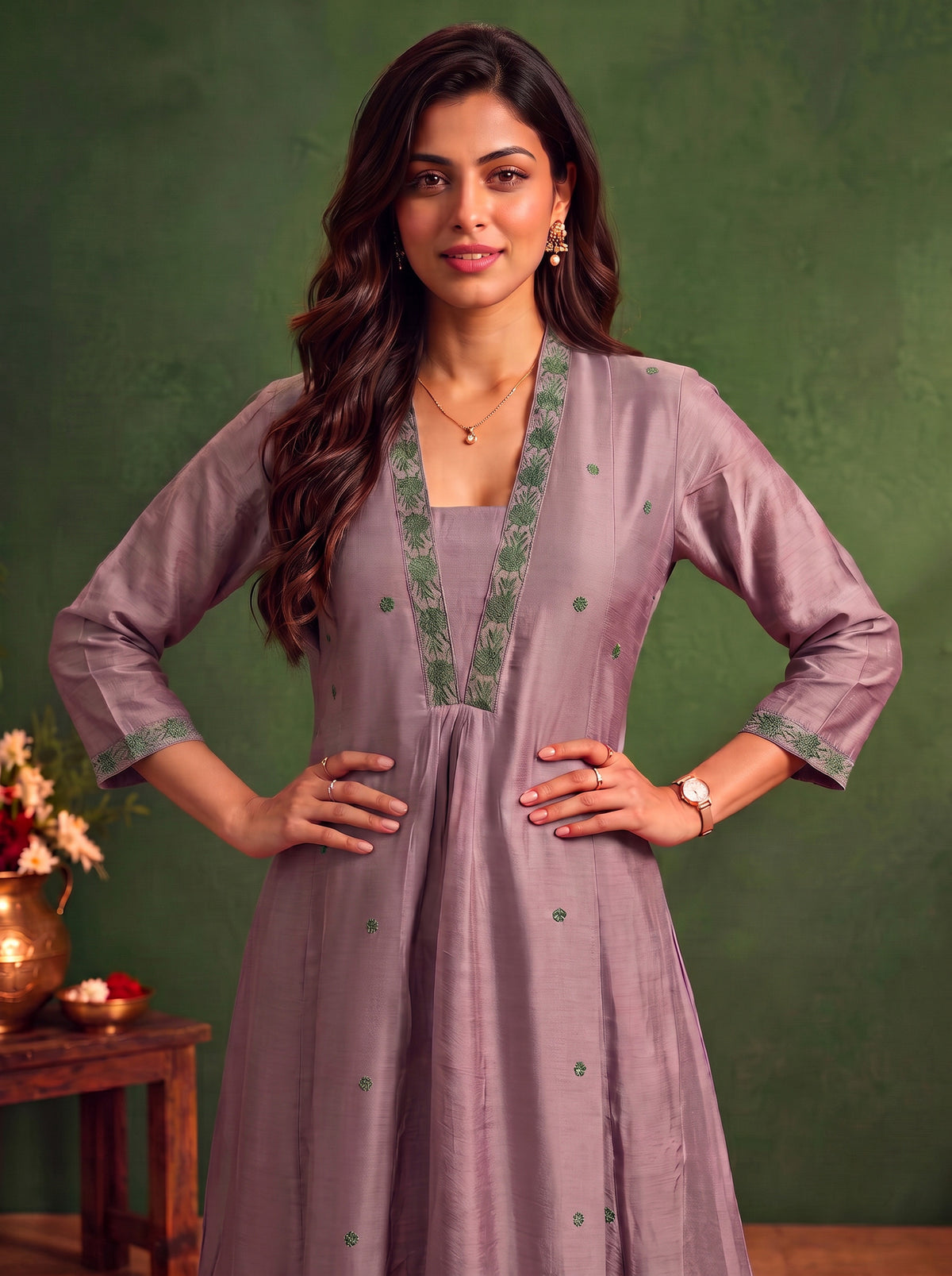 Buy Viscose Embroidered Flared Calf Length Kurta-Lavender