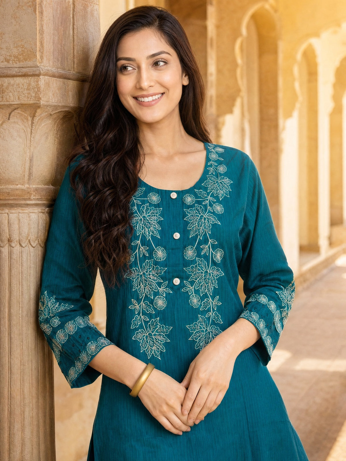 Viscose Embroidered Straight Calf Length Kurta With Pant