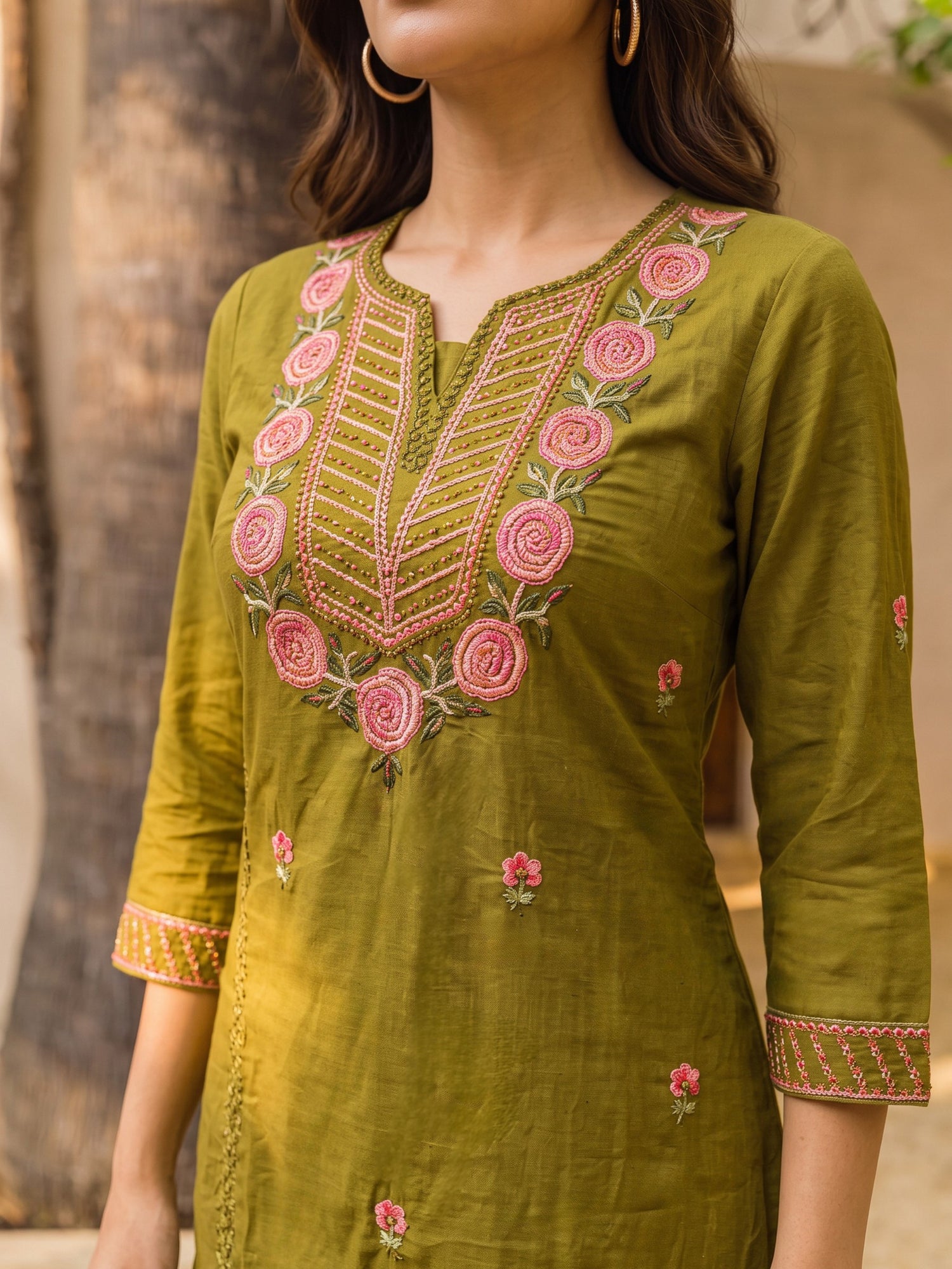Buy Cotton Embroidered A-Line Calf Length Kurta With Pant-Green