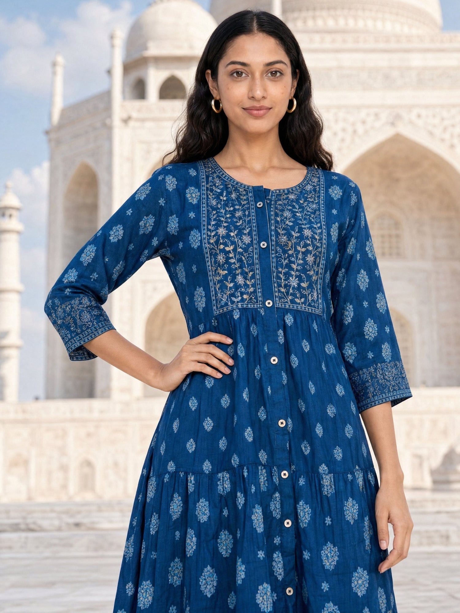 Buy Viscose Embroidered Flared Calf Length Dress-Blue