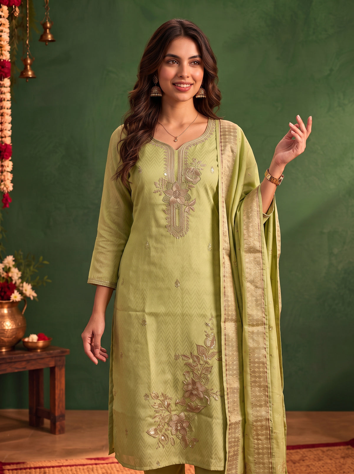 Viscose Embroidered Straight Calf Length Kurta With Pant and Dupatta