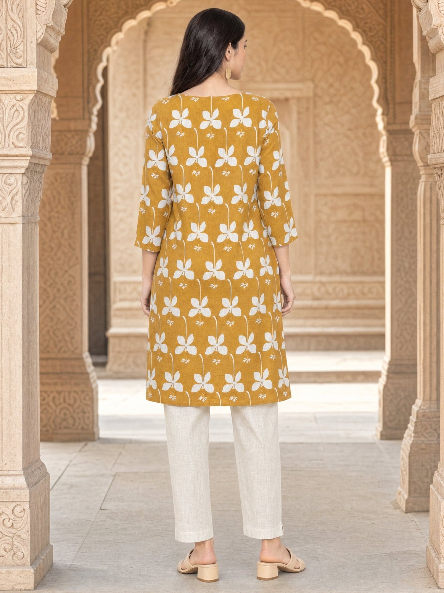 Buy Cotton Printed Straight Knee Length Kurta-Mustard